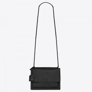 Saint Laurent Sunset Medium Bag In Noir Crocodile Embossed Leather