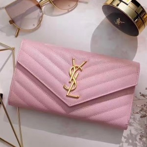 Saint Laurent Monogram Flap Wallet In Pink Grained Leather