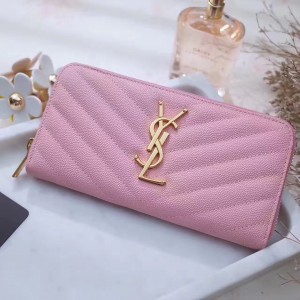 Saint Laurent Zip Around Wallet In Pink Grained Leather