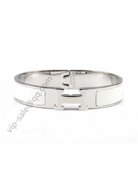 Hermes Clic H narrow bracelet, White Enamel, Silver and Platinum