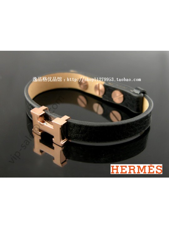 Hermes Bracelet with Pink Gold Plated Hardware and Black Leather