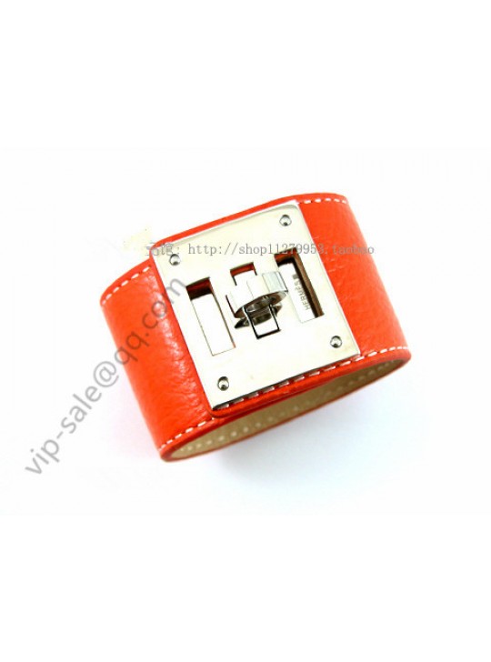 Hermes Orange Leather Bracelet with Silver Clasp