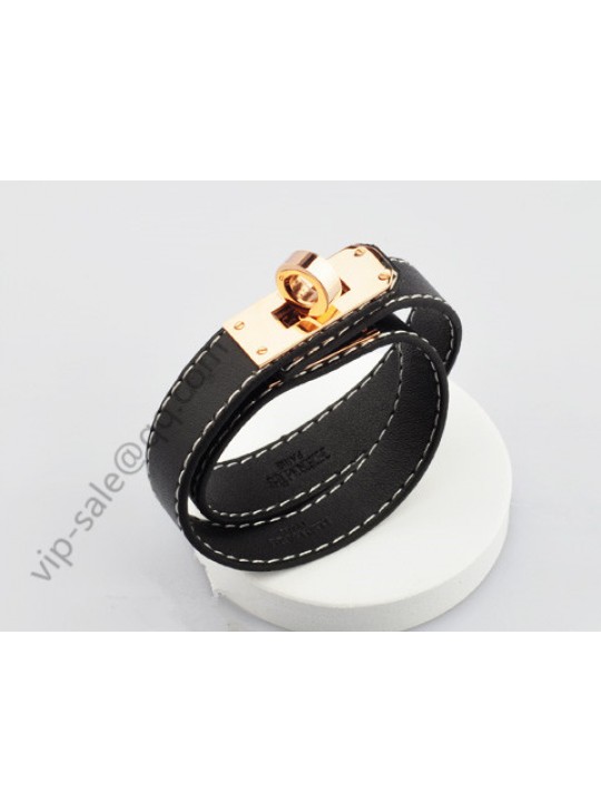 Hermes Black Calfskin Bracelet with Pink Gold Plated Hardware
