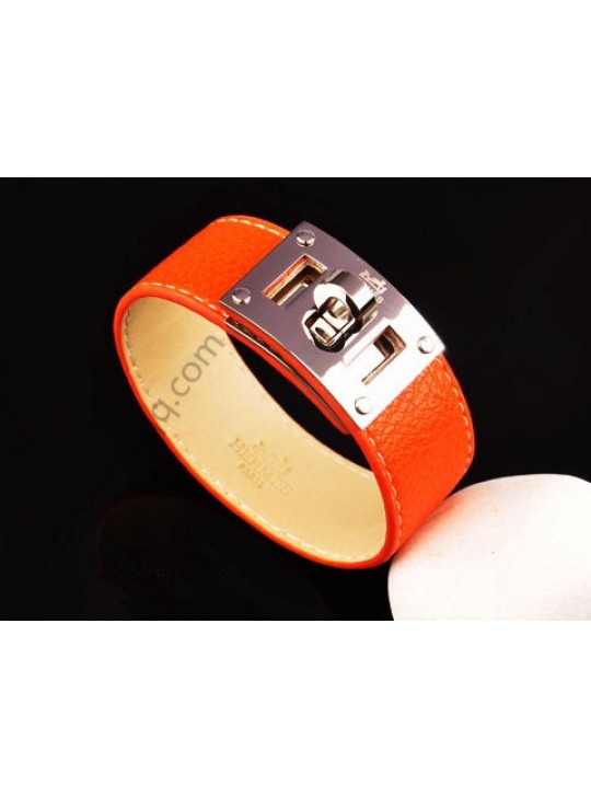 Hermes Bracelet with Silver Plated Hardware and Orange Leather