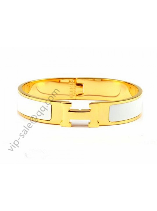 Hermes Clic H narrow bracelet, White Enamel, Gold Plated