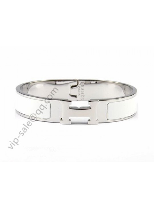 Hermes Clic H narrow bracelet, White Enamel, Silver and Platinum