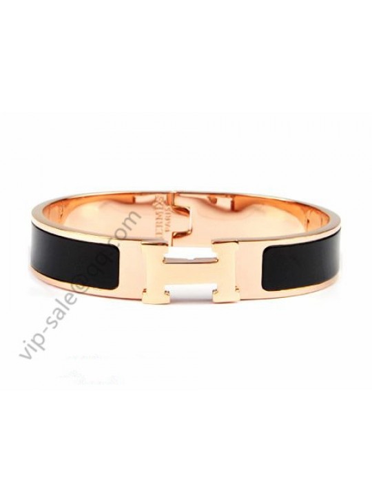 Hermes Clic H narrow bracelet, Black Enamel, in 18kt Pink Gold