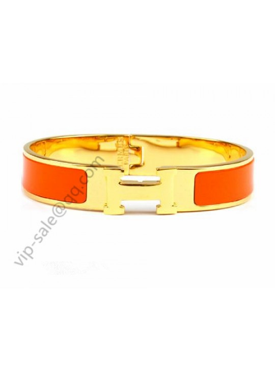 Hermes Clic H narrow bracelet, Orange Enamel, Gold Plated
