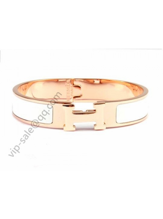 Hermes Clic H narrow bracelet, White Enamel, in 18kt Pink Gold