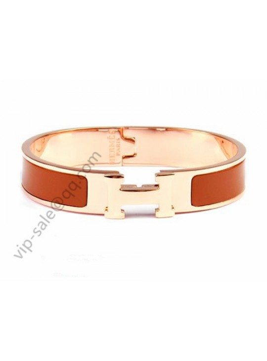 Hermes Clic H narrow bracelet, Brown Enamel, in 18kt Pink Gold