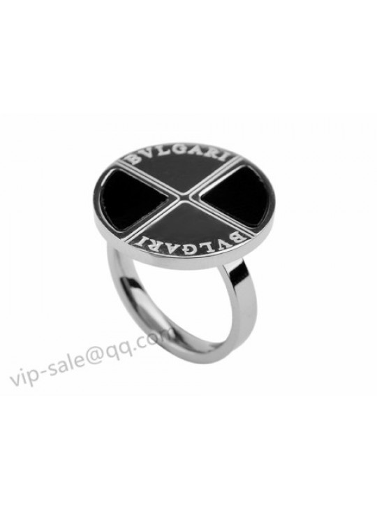 Bvlgari Round Ring in 18KT White Gold with Black Onyx and Pave Diamonds