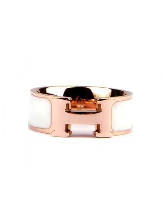 Hermes Clic H Ring in 18kt Pink Gold with White Enamel replica