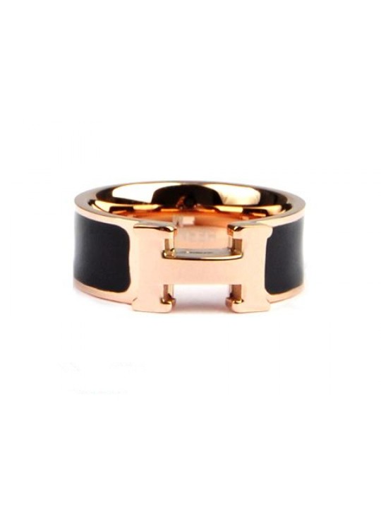 Hermes Clic H Ring in 18kt Pink Gold with Black Enamel