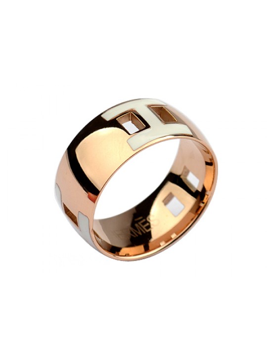 Hermes H Ring in 18kt Pink Gold with White Enamel replica