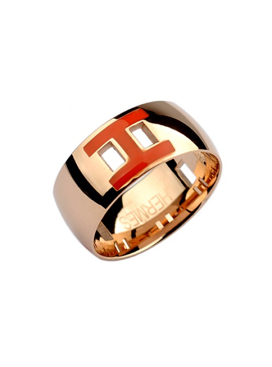 Hermes H Ring in 18kt Pink Gold with Orange Enamel wholesale