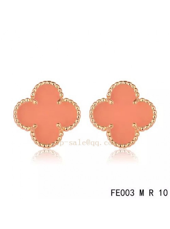 Van Cleef & Arpels Vintage Alhambra Clover Earrings in pink gold with Pink Chalcedony