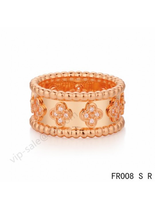 Van Cleef & Arpels Perlée cloverr ring in pink with round diamonds