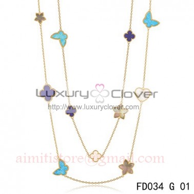 Van Cleef & Arpels Lucky Alhambra Long Necklace Yellow Gold 11 Motifs Stone Combination