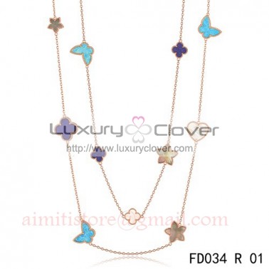 Van Cleef & Arpels Lucky Alhambra Long Necklace Pink Gold 11 Motifs Stone Combination