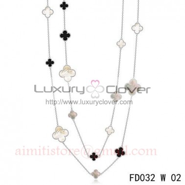 Van Cleef Arpels Magic Alhambra White Gold Long Necklace 16 Motifs Stone Combination