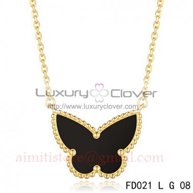 Van Cleef Arpels Lucky Alhambra Black Onyx Butterfly Necklace Yellow Gold