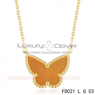 Van Cleef Arpels Lucky Alhambra Tiger's Eye Butterfly Necklace Yellow Gold