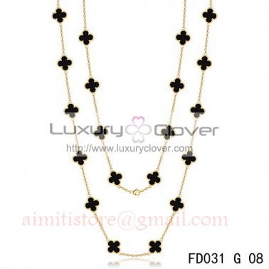 Van Cleef & Arpels Vintage Alhambra 20 Motifs Long Necklace Yellow Gold Black Onyx 