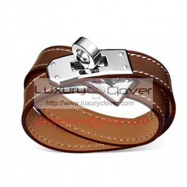 Hermes Kelly Double Tour Brown Leather Bracelet with White Gold-Plated Clasp