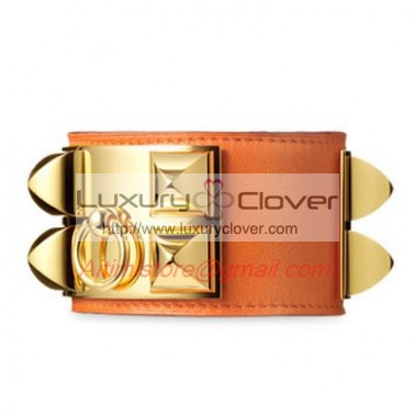 Hermes Orange Leather Collier de Chien Bracelet with Gold Plated Clasp & Hardware 