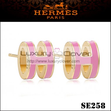 Hermes Pop H Pink Enamel Earrings in Yellow Gold 