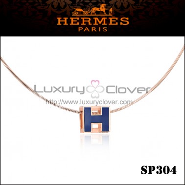 Hermes Cage d'H Navy Blue Lacquer Pendant Rose Gold 