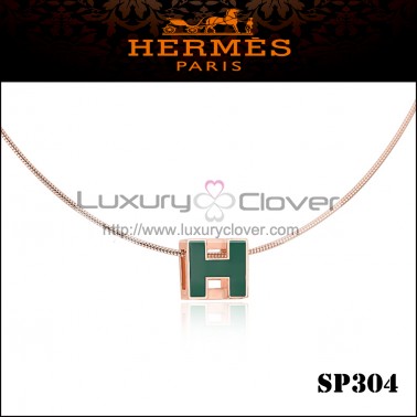 Hermes Cage d'H Green Lacquer Pendant Rose Gold 