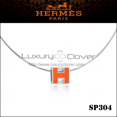 Hermes Cage d'H Orange Lacquer Pendant Palladium 