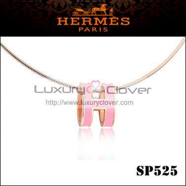 Hermes Pop H Narrow Pendant Necklace in Pink Enamel with Rose Gold Plating