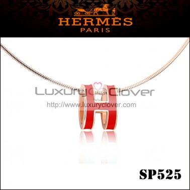 Hermes Pop H Narrow Pendant Necklace in Red Enamel with Rose Gold Plating