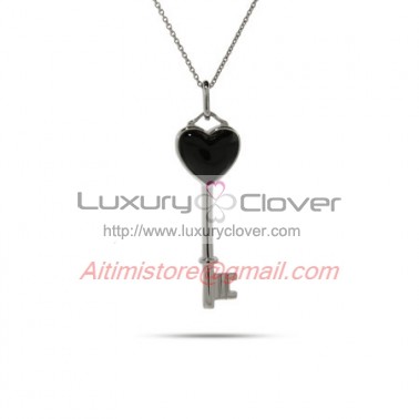 Designer Inspired Silver Black Onyx Heart Key Pendant