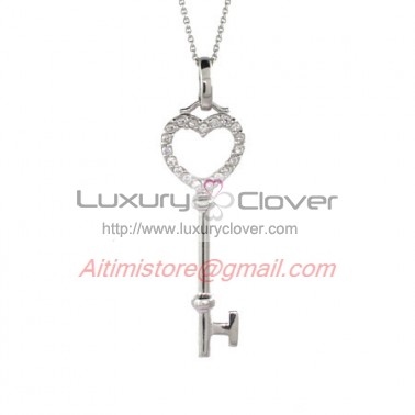 Designer Inspired Sterling Silver Heart Key Pendant with CZ Stones