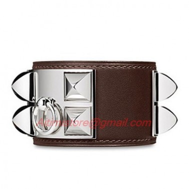 Hermes Coffee Leather Collier De Chien Bracelet With White Gold Plated Clasp & Hardware