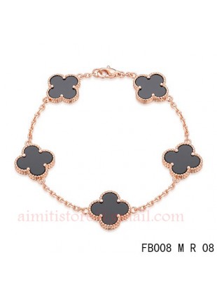 Van Cleef Arpels Pink Gold Vintage Alhambra Bracelet 5 Motifs Black Onyx