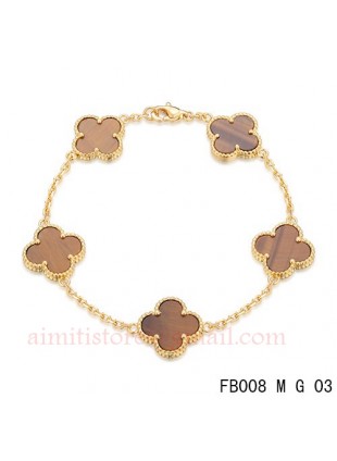 Van Cleef Arpels Pink Gold Vintage Alhambra Bracelet 5 Motifs Tiger's Eye