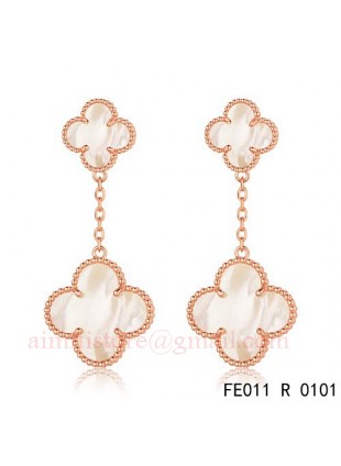 Van Cleef and Arpels Pink Gold Magic Alhambra 2 Motifs Earclips White Mother of Pearl