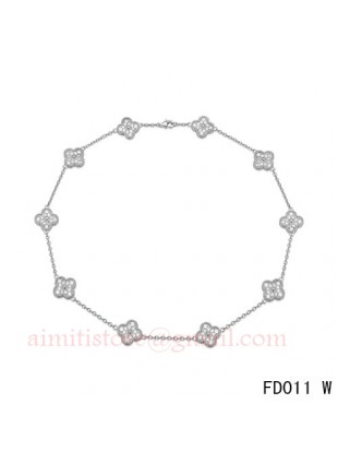 Van Cleef & Arpels White Gold Vintage Alhambra Necklace 10 Motifs with Pave Diamonds 