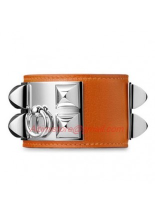Hermes Orange Leather Collier de Chien Bracelet with White Gold Plated Clasp & Hardware 