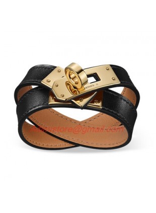 Hermes Kelly Double Tour Black Leather Bracelet with Gold-Plated Clasp