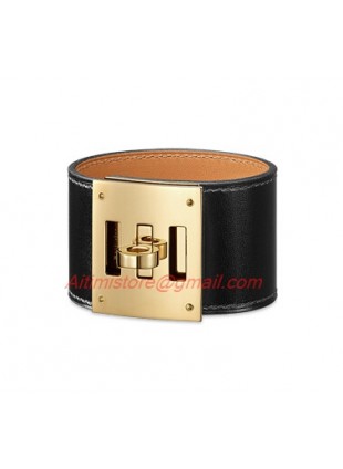 Hermes Black Leather Kelly Dog Bracelet with Gold Plated Clasp 