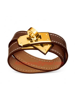 Hermes Kelly Double Tour Brown Leather Bracelet with Gold-Plated Clasp
