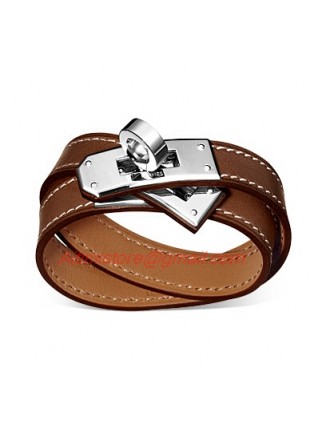 Hermes Kelly Double Tour Brown Leather Bracelet with White Gold-Plated Clasp