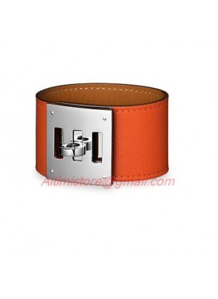 Hermes Orange Leather Kelly Dog Bracelet with White Gold Plated Clasp 