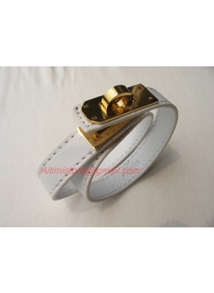 Hermes Kelly Double Tour White Leather Bracelet with Gold-Plated Clasp