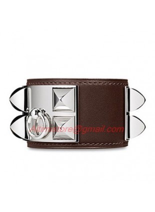 Hermes Coffee Leather Collier de Chien Bracelet with White Gold Plated Clasp & Hardware 